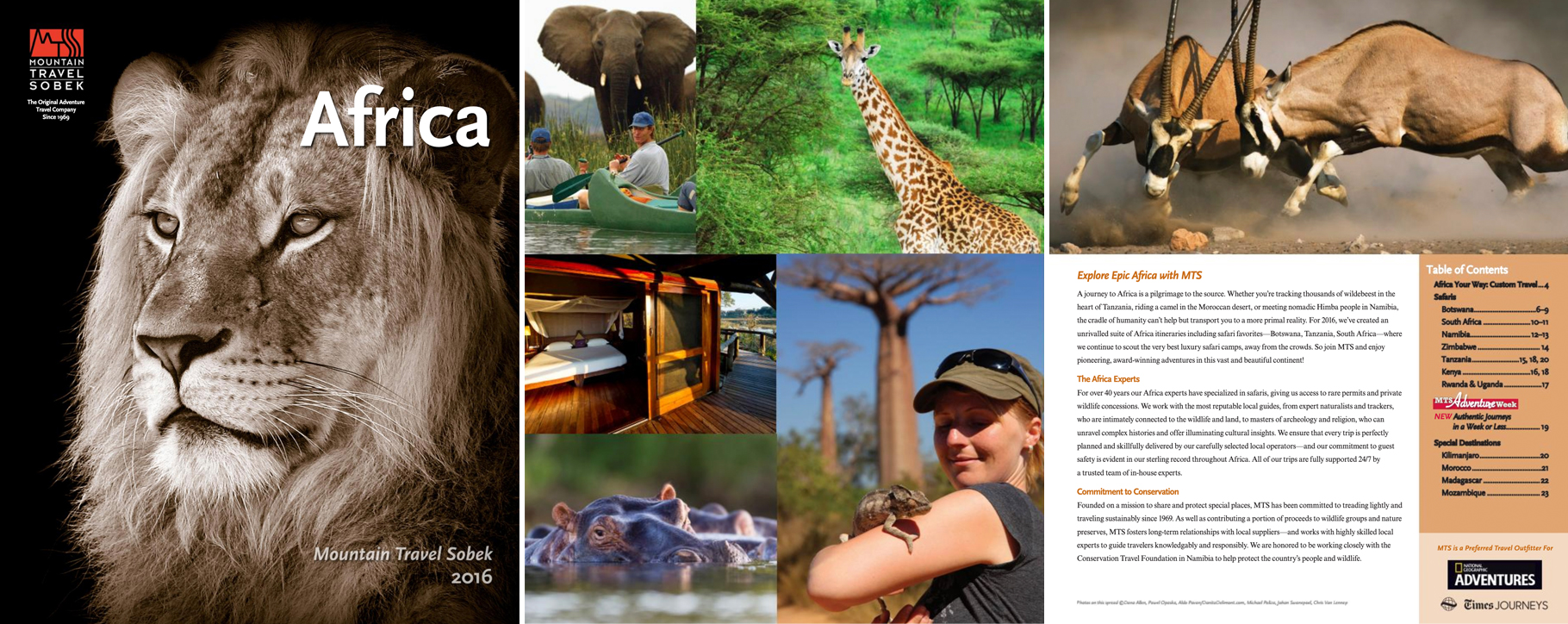 Reisekatalog für Abenteuerreisen in Afrika. Cover und Beispielseiten im Inneren. Druck und elektronischer Vertrieb. Kunde: MT Sobek | Catalog of trips in Africa for adventure travel operator. Cover and sample inside pages. Print and electronic distribution. Client: MT Sobek