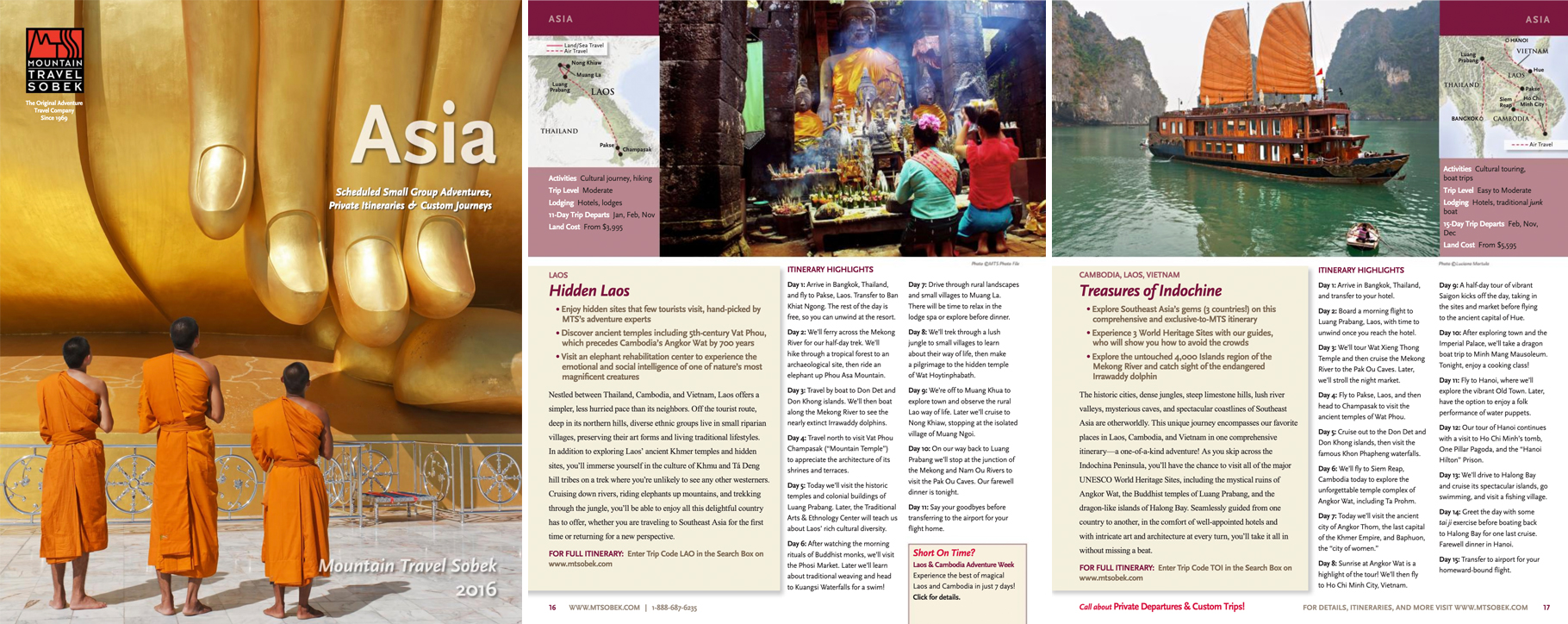 Reisekatalog für Abenteuerreisen in Asien. Cover und Beispielseiten im Inneren. Druck und elektronischer Vertrieb. Kunde: MT Sobek | Catalog of trips in Asia for adventure travel operator. Cover and sample inside pages. Print and electronic distribution. Client: MT Sobek