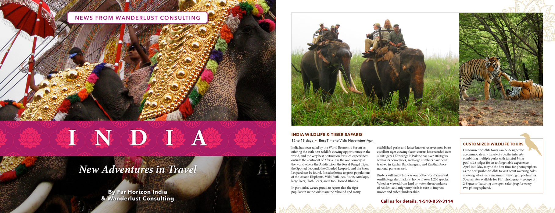 Vorschlag für Abenteuerreisen in Indien für Reiseveranstalter. Cover und Beispiel-Innenseite. Druck und elektronischer Vertrieb. Kunde: Wanderlust Consulting | Proposal for adventure trips in India for travel operator. Cover and sample inside page. Print and electronic distribution. Client: Wanderlust Consulting