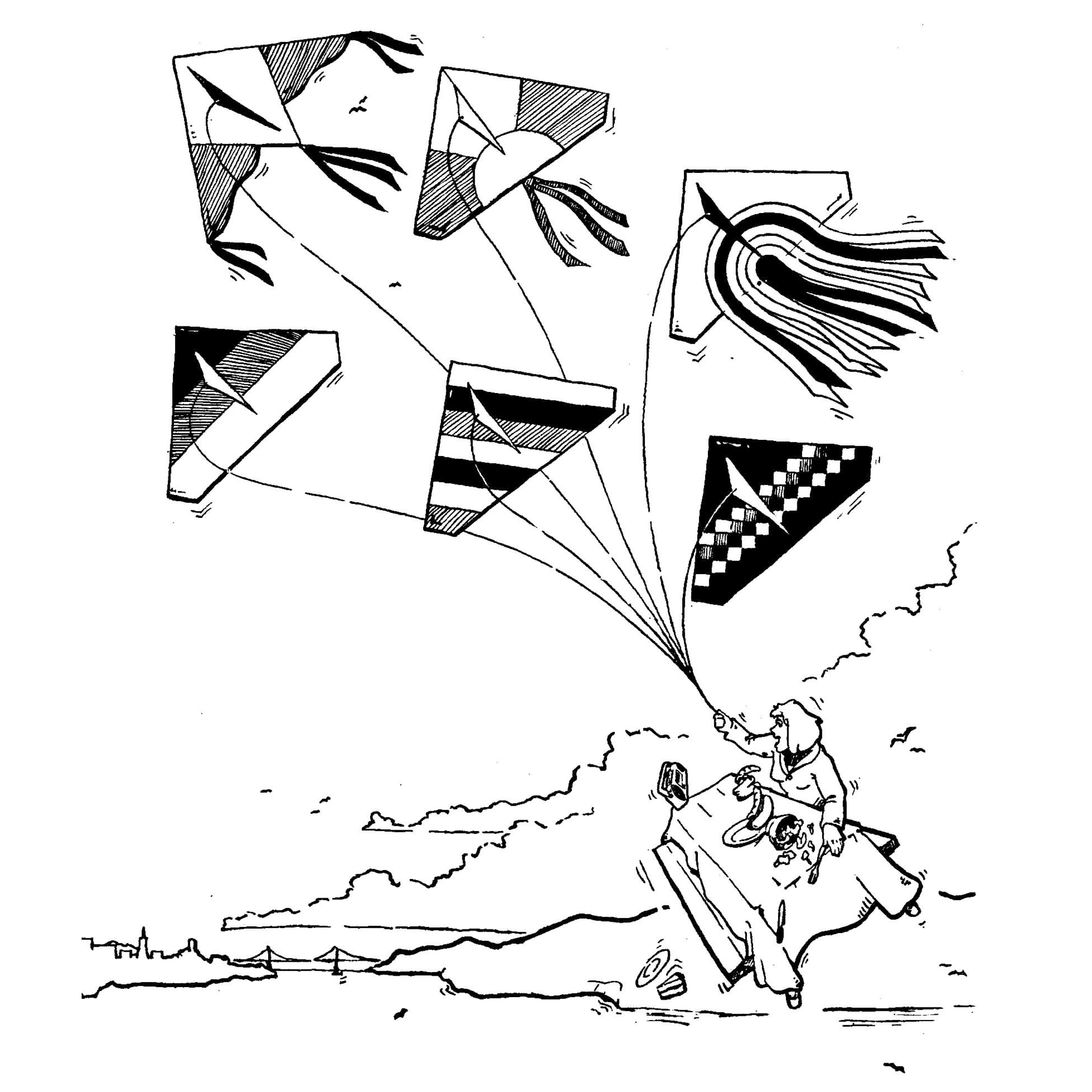 Illustration für Einzelhandelskatalog eines Drachenverkäufers. Feder und Tinte auf schwerem Papier. Kunde: Pacific Heights. – Illustration for retail catalog for kite seller. Pen and ink on heavy paper. Client: Pacific Heights.