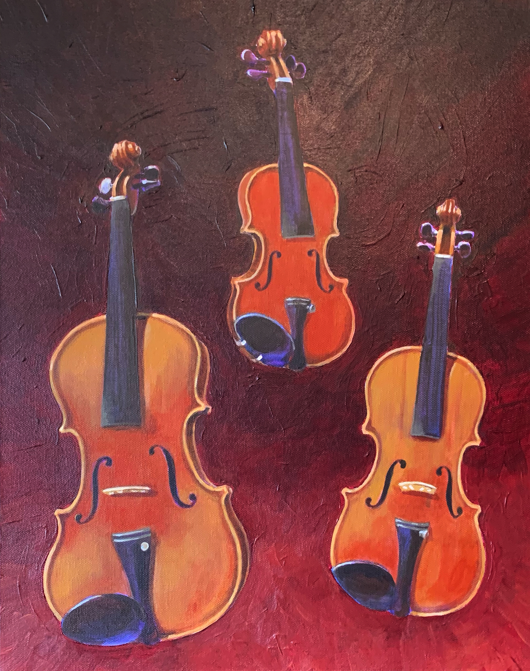 Geigenfamilie. 508 x 635 mm. Acryl und Buntstift auf Leinwand. Privater Auftrag. | Family of Violins. 20 x 25 inches. Acrylic and colored pencil on canvas. Private Commission.